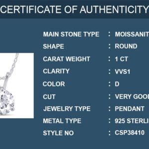 SAVEARTH DIAMONDS 1 CT D Color Moissanite Pendant Necklace For Women VVS1 Round Cut Three-Claw Lab Created Diamond 18K White Gold Plated 925 Sterling Silver Necklace With Certificate