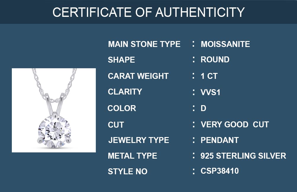 SAVEARTH DIAMONDS 1 CT D Color Moissanite Pendant Necklace For Women VVS1 Round Cut Three-Claw Lab Created Diamond 18K White Gold Plated 925 Sterling Silver Necklace With Certificate