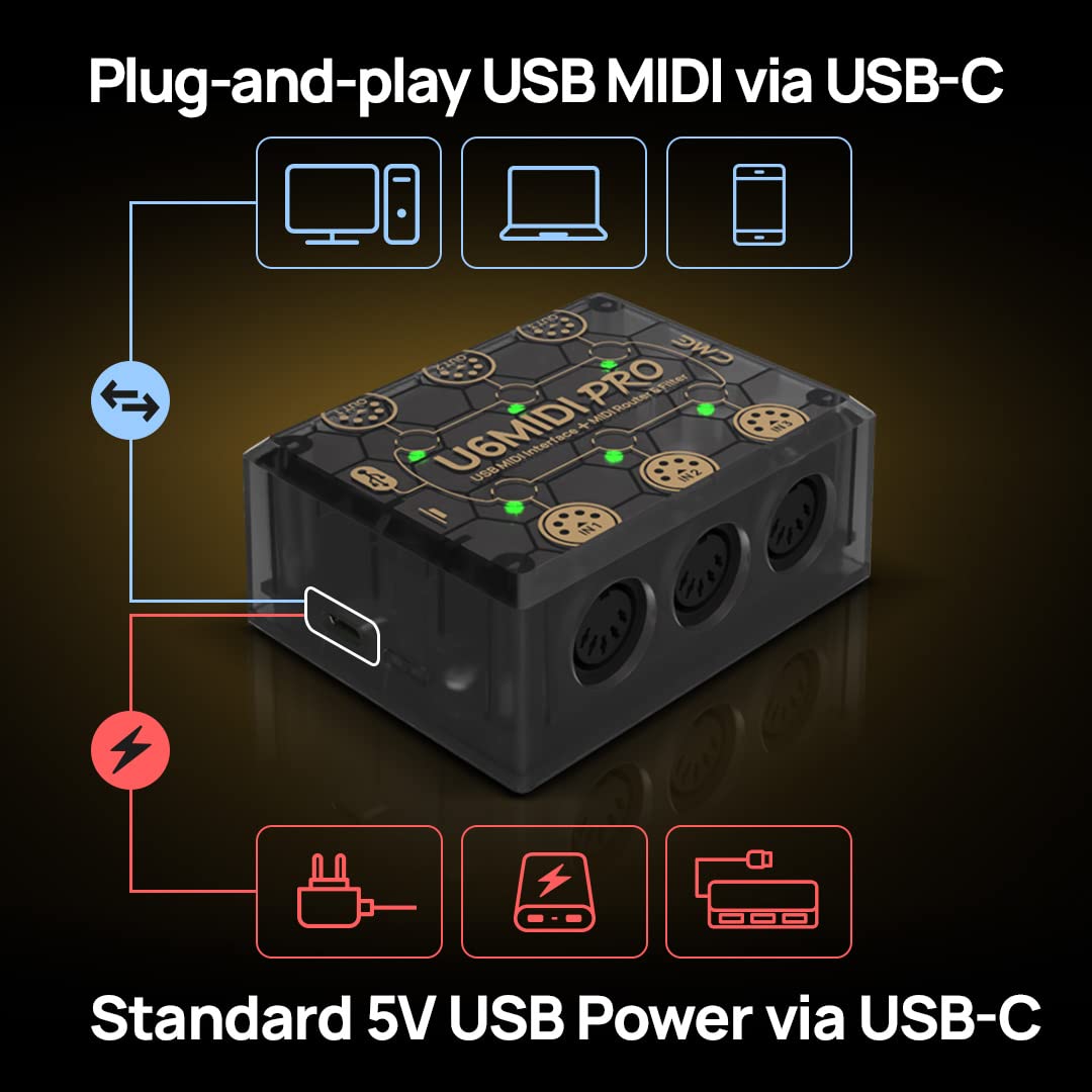 CME U6MIDI Pro - MIDI Interface with Router, Mapper, and Filter - Plug-and-play USB MIDI for computers - Standalone 3-in-3-out MIDI for Merge, Split, Thru