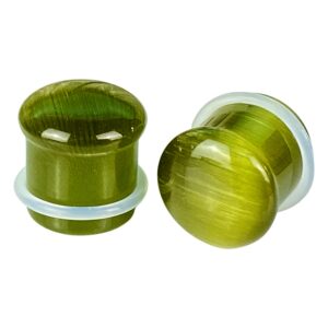 pair of peridot cat eye stone single flare plugs (stn-721) (4g (5mm))