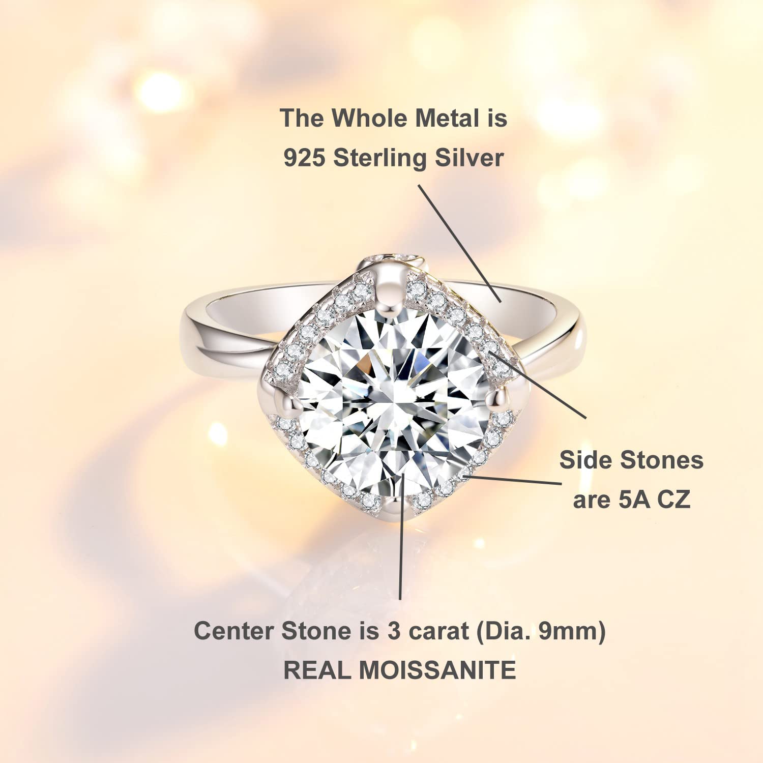 SecreTalk 3CT Moissanite Engagement Ring, 925 Sterling Silver D Color Ideal Cut Diamond Wedding Ring for Women with Certificate of Authenticity (7)