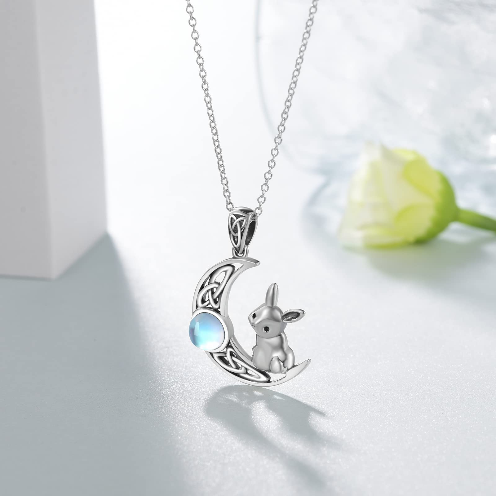 SCZKLAQ Moonstone Bunny Necklace for Women 925 Sterling Silver Rabbit Necklace Easter Bunny Jewelry for Women Bunny Gifts