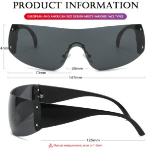 AIEYEZO Rimless Y2K Sunglasses Women Men Oversized Fashion Wrap Around Frameless Sun Glasses (Black)