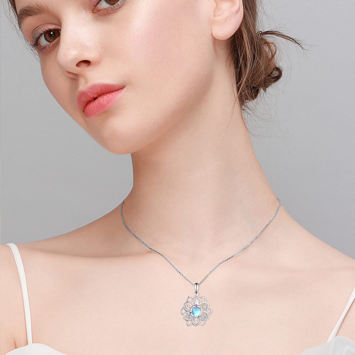 SCZKLAQ 7 Chakra Necklace for Women 925 Sterling Silver Lotus Chakra Necklace Moonstone Yoga Lotus Chakra Jewelry for Women Chakra Gifts