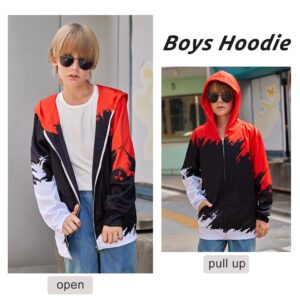 uideazone Big Boys Girls Zipper Hooded Sweatshirts Size 9t Black Red Hoody Hoodies Long Sleeve Autumn Contrasting Colors Jacket Color Block Cost with Pockets 8-10T