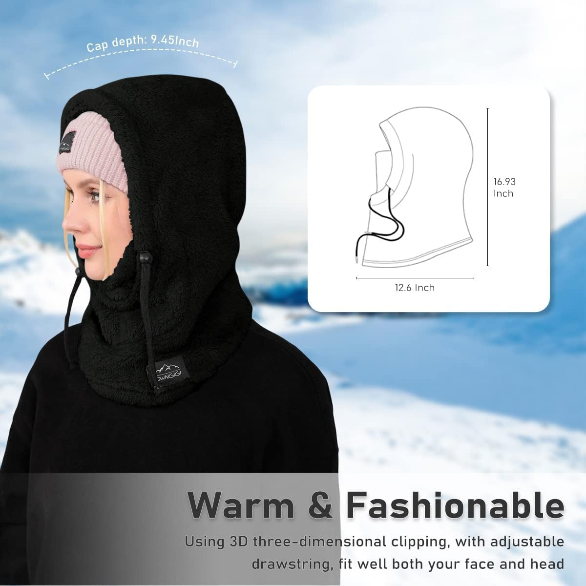 OWNGIGI Balaclava Winter Ski Mask for Men and Women Cold Weather Fleece Windproof Face Cover Warmer Scarf Sherpa Hood Black