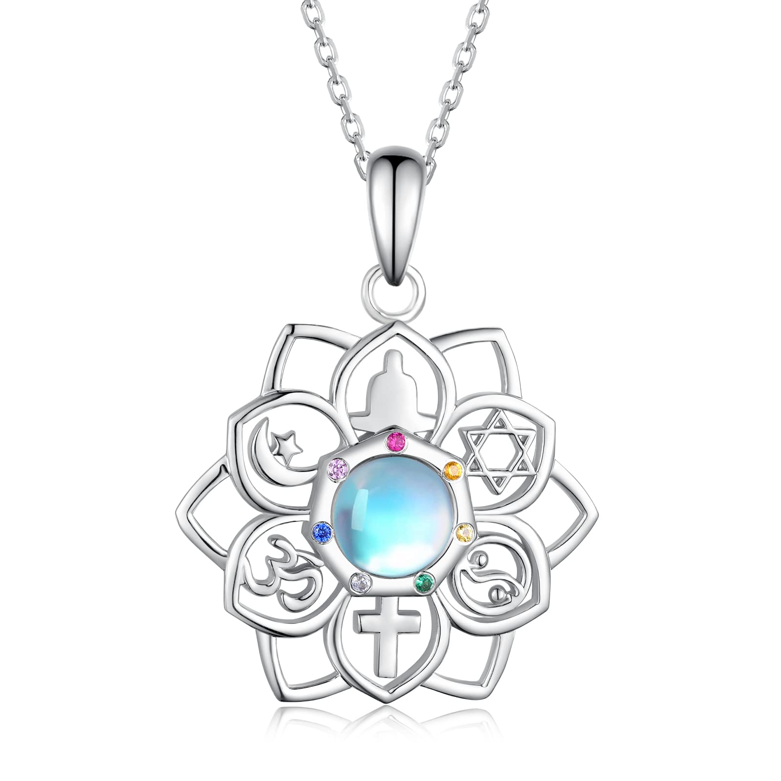 SCZKLAQ 7 Chakra Necklace for Women 925 Sterling Silver Lotus Chakra Necklace Moonstone Yoga Lotus Chakra Jewelry for Women Chakra Gifts