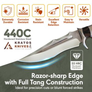 Kratos Hunting Knife with Sheath, 12.2" Survival Knife Full Tang Knife, 440 Stainless Steel Fixed Blade Hunting Knives with Wood Handle ZF11