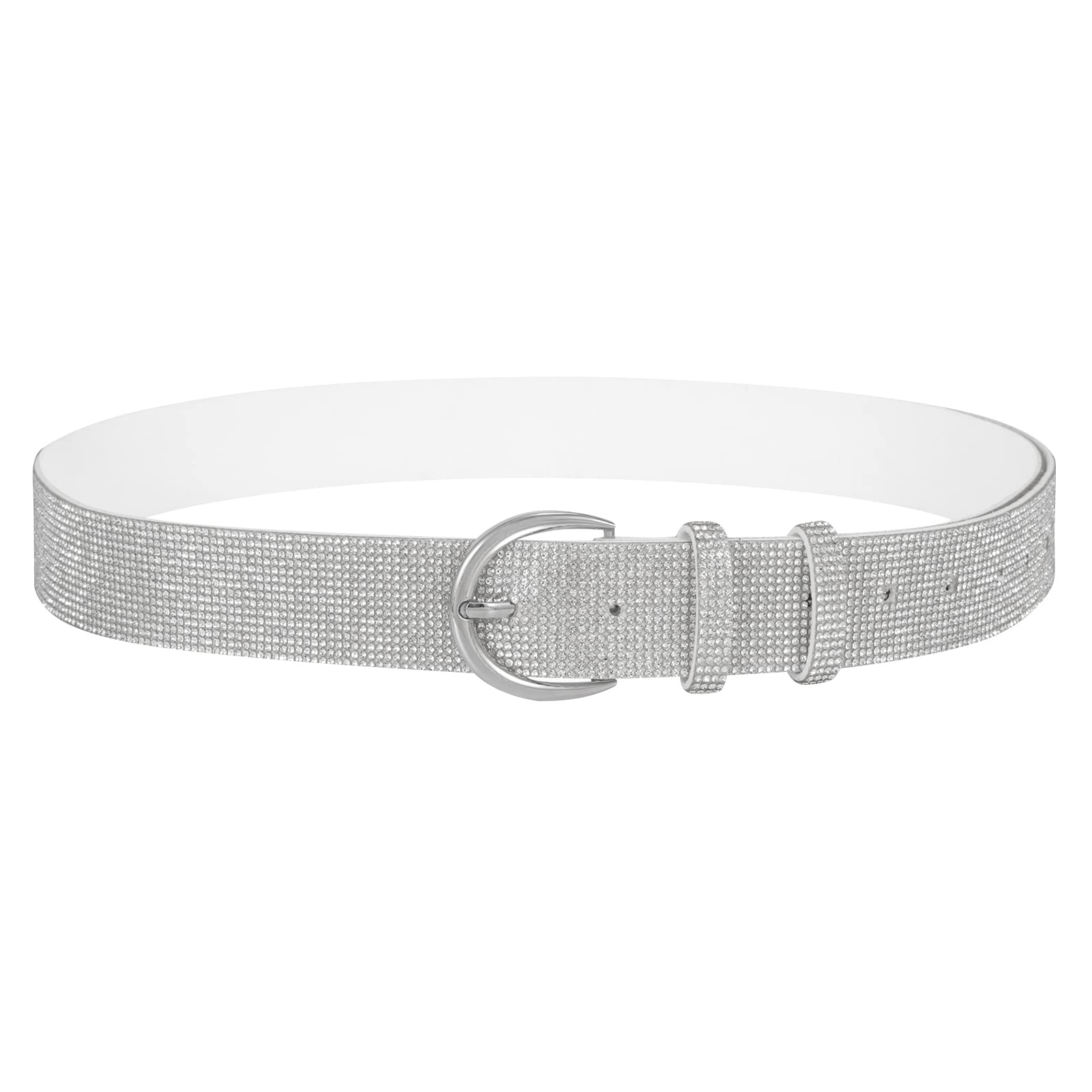 WERFORU Women Bling Rhinestone Soft Jeans Dress Belt Shiny Crystal Waist Belt with Silver Buckle, White,43.3" Length,Fit Size 32"-37"