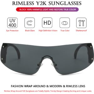 AIEYEZO Rimless Y2K Sunglasses Women Men Oversized Fashion Wrap Around Frameless Sun Glasses (Black)