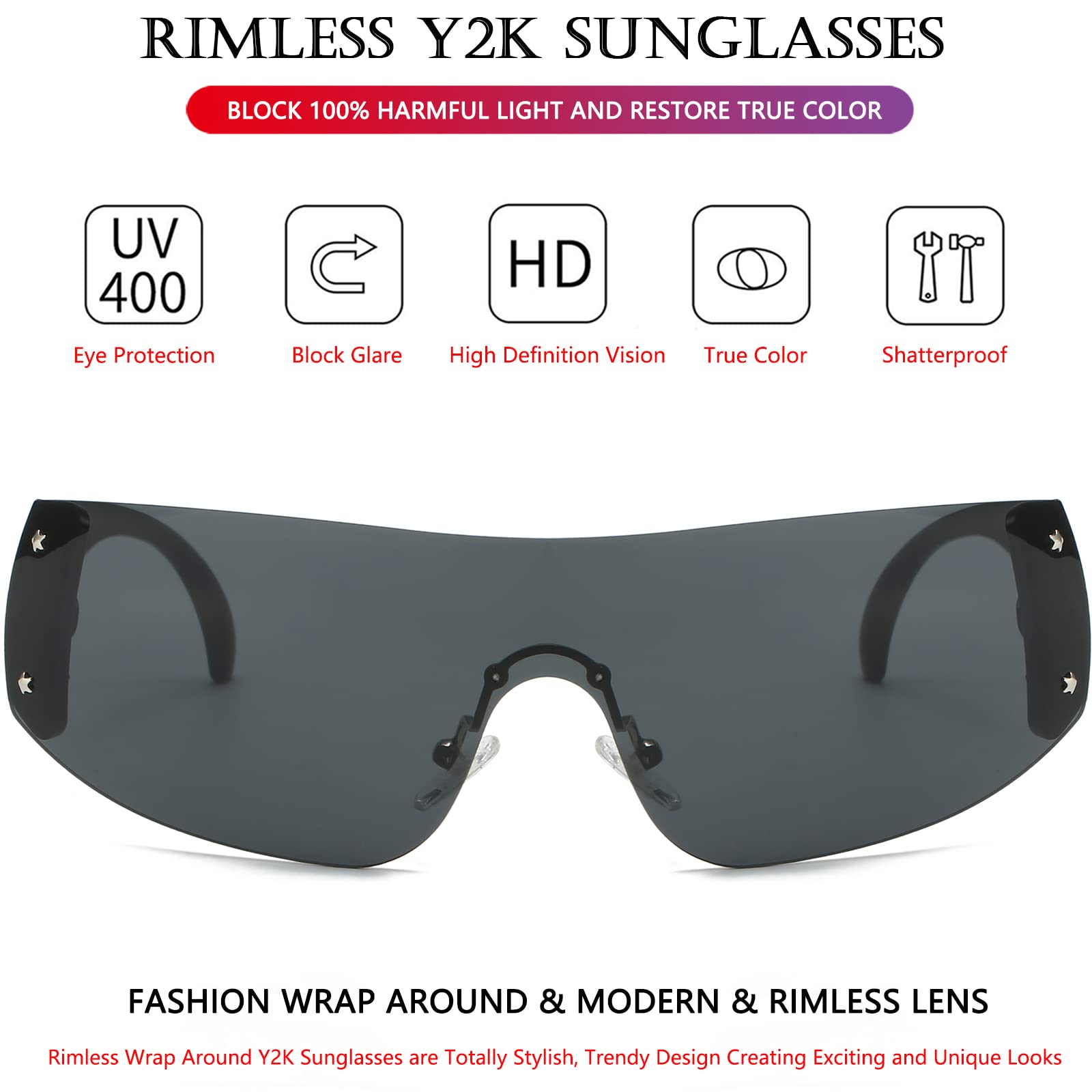 AIEYEZO Rimless Y2K Sunglasses Women Men Oversized Fashion Wrap Around Frameless Sun Glasses (Black)