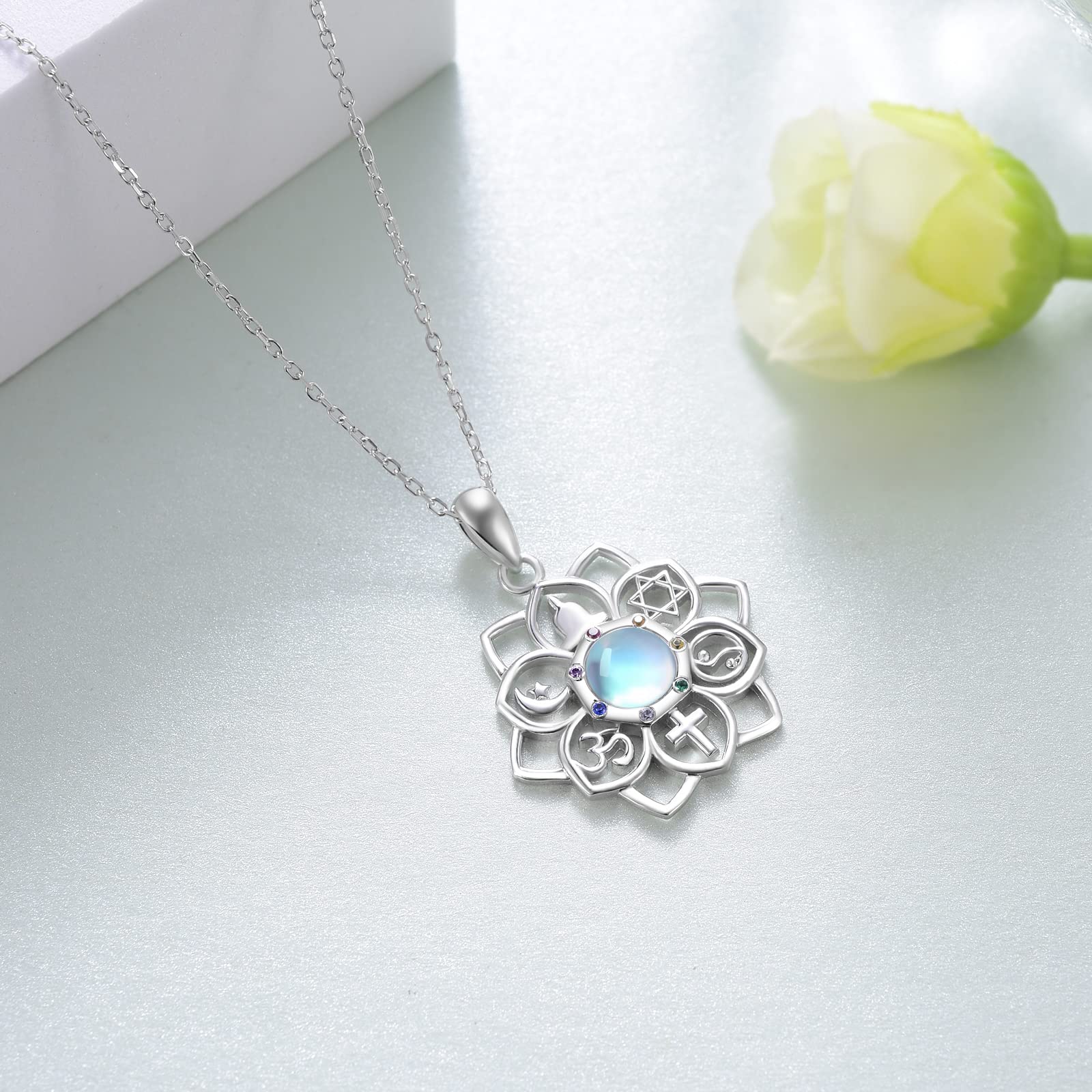 SCZKLAQ 7 Chakra Necklace for Women 925 Sterling Silver Lotus Chakra Necklace Moonstone Yoga Lotus Chakra Jewelry for Women Chakra Gifts