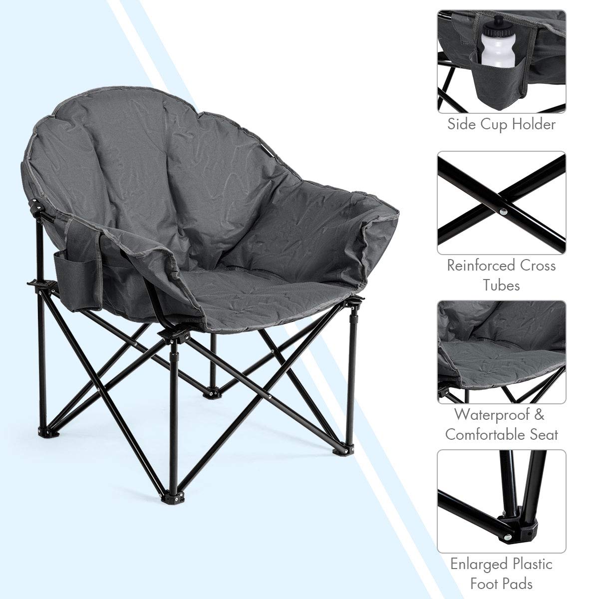 S AFSTAR Oversized Camping Chair, Cushion Padded Moon Round Saucer Chair w/Cup Holder & Carry Bag, Outdoor Leisure Chair, Portable Folding Camp Chair for Camping Fishing, Supports 300lbs (1, Grey)