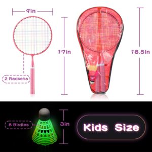 2 Pairs Badminton Rackets Set for Children Kid Shuttlecocks Sports Nylon Alloy Badminton Racquet Set with 8 LED Badminton Birdies, 6 Non Luminous Badminton Birdies and 2 Carrying Bags,Night Pink Blue