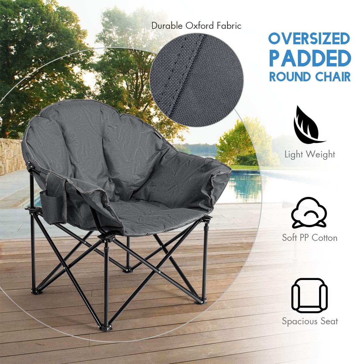 S AFSTAR Oversized Camping Chair, Cushion Padded Moon Round Saucer Chair w/Cup Holder & Carry Bag, Outdoor Leisure Chair, Portable Folding Camp Chair for Camping Fishing, Supports 300lbs (1, Grey)