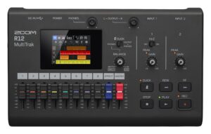 zoom r12 multi track portable recorder, with touchscreen, onboard editing, 8 tracks, 2 combo inputs, effects, synth, drum loops, battery powered, and usb audio interface