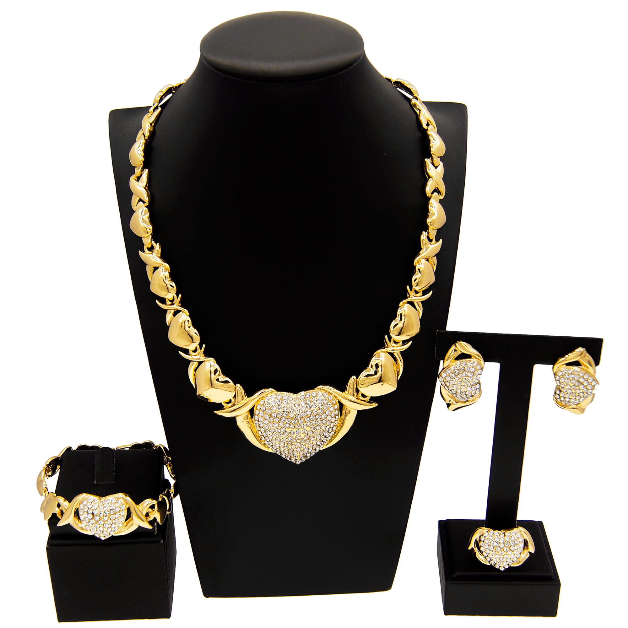 Gold Jewelry Set 18K Gold Accessories XOXO Necklace Set for Women Wedding Bridal Fashion Jewelry Sets Women Bracelets Earrings and Rings Sweetheart Gifts (Gold)