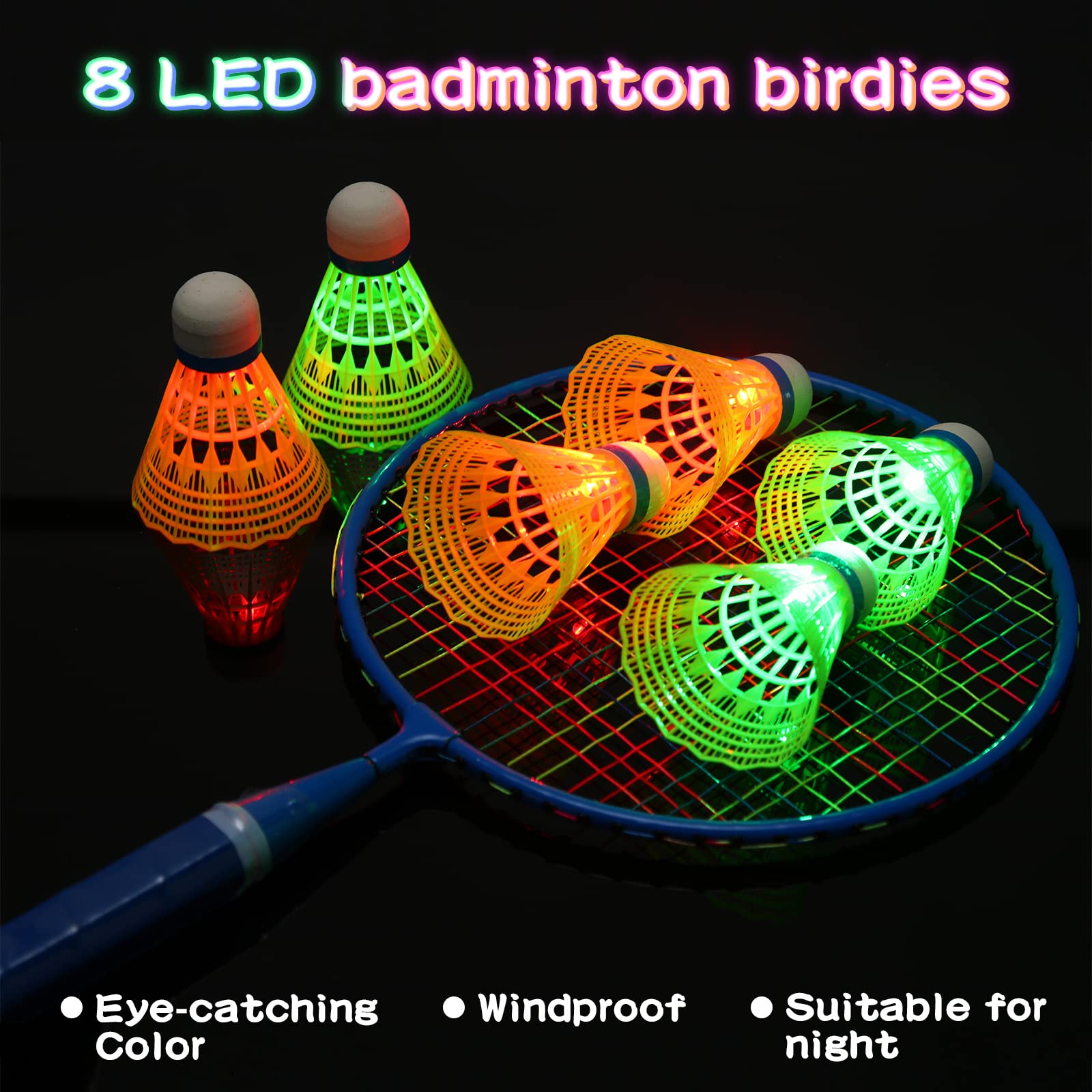 2 Pairs Badminton Rackets Set for Children Kid Shuttlecocks Sports Nylon Alloy Badminton Racquet Set with 8 LED Badminton Birdies, 6 Non Luminous Badminton Birdies and 2 Carrying Bags,Night Pink Blue