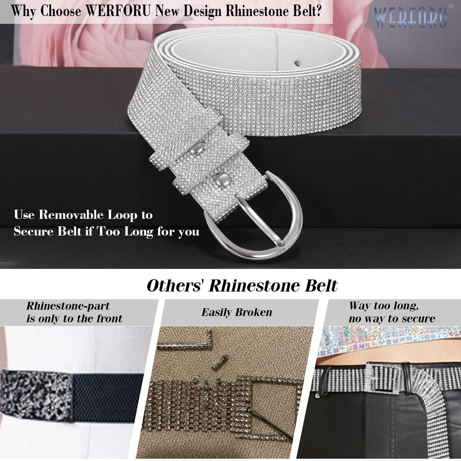 WERFORU Women Bling Rhinestone Soft Jeans Dress Belt Shiny Crystal Waist Belt with Silver Buckle, White,43.3" Length,Fit Size 32"-37"