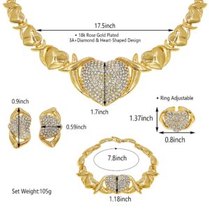 Gold Jewelry Set 18K Gold Accessories XOXO Necklace Set for Women Wedding Bridal Fashion Jewelry Sets Women Bracelets Earrings and Rings Sweetheart Gifts (Gold)