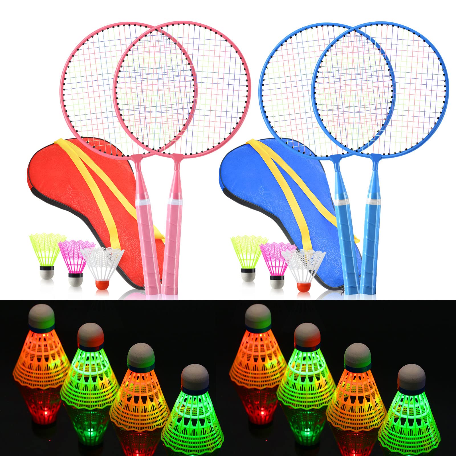 2 Pairs Badminton Rackets Set for Children Kid Shuttlecocks Sports Nylon Alloy Badminton Racquet Set with 8 LED Badminton Birdies, 6 Non Luminous Badminton Birdies and 2 Carrying Bags,Night Pink Blue