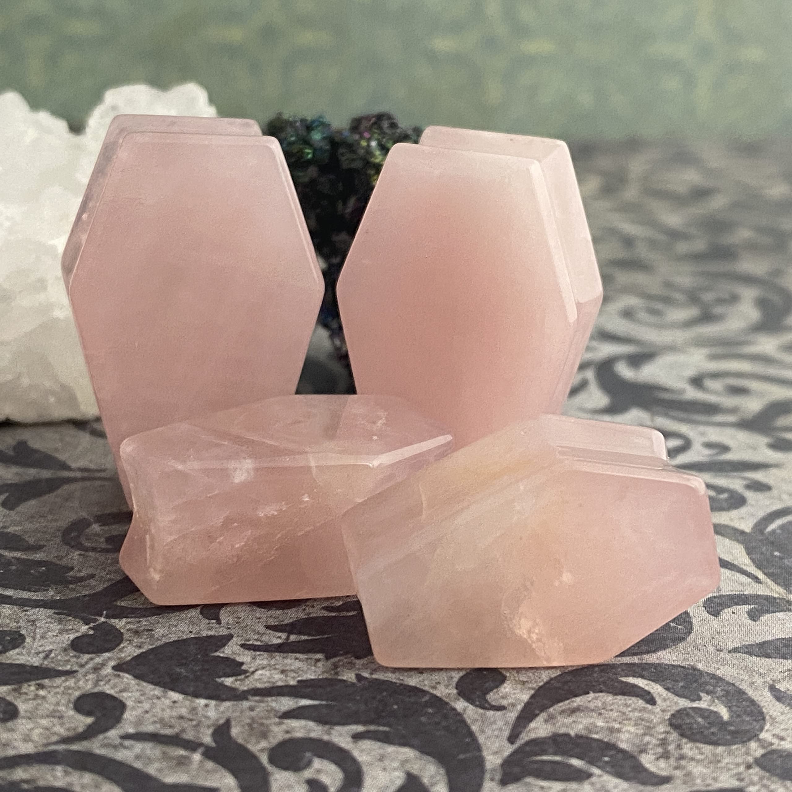 Pair of Rose Quartz Stone Double Flare Coffin Shaped Plugs (STN-719) (5/8'' (16mm)), Pink