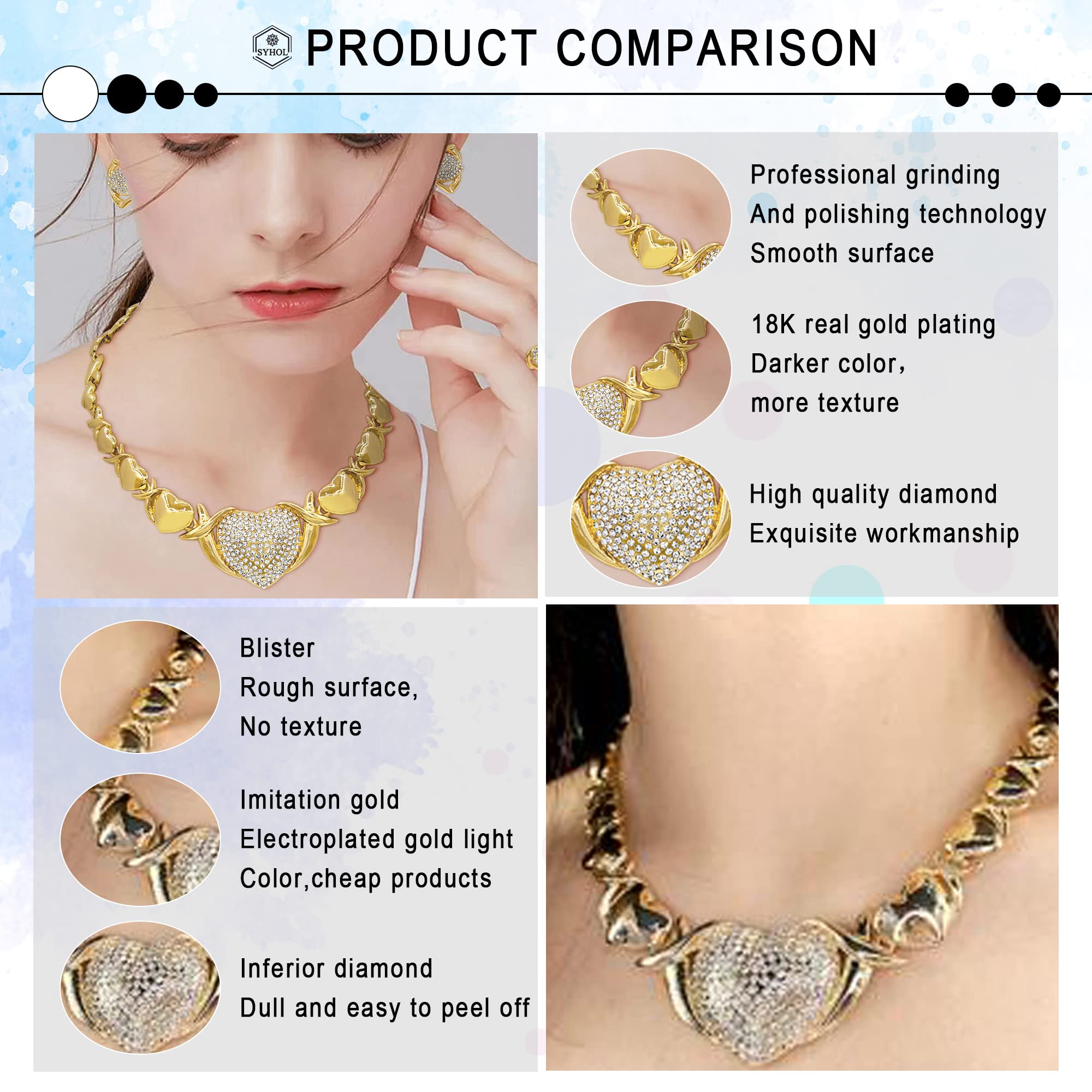 Gold Jewelry Set 18K Gold Accessories XOXO Necklace Set for Women Wedding Bridal Fashion Jewelry Sets Women Bracelets Earrings and Rings Sweetheart Gifts (Gold)