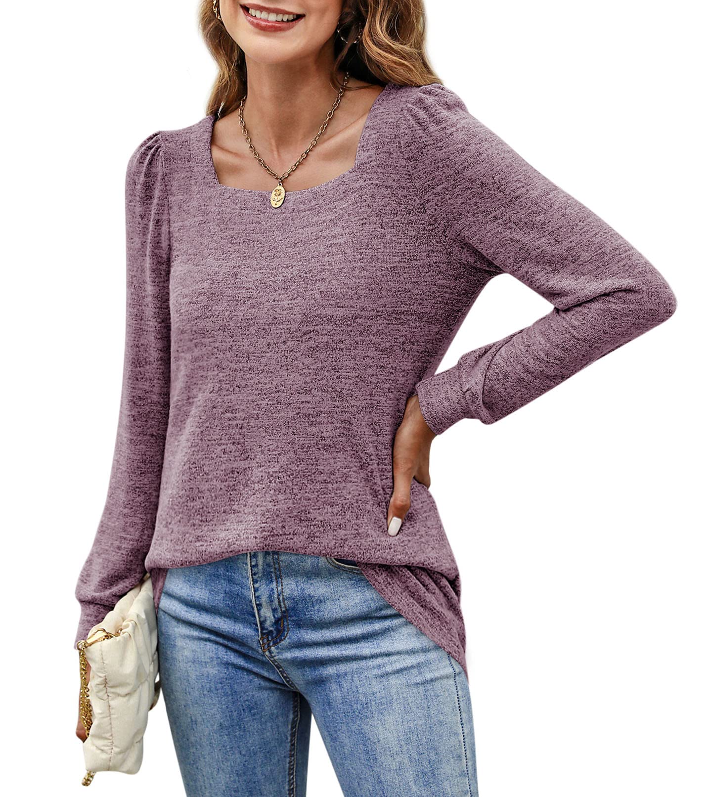 BZB Business Casual Tops for Women Oversized Cute Sweatshirts Square Neck Fall Shirts Purple XL