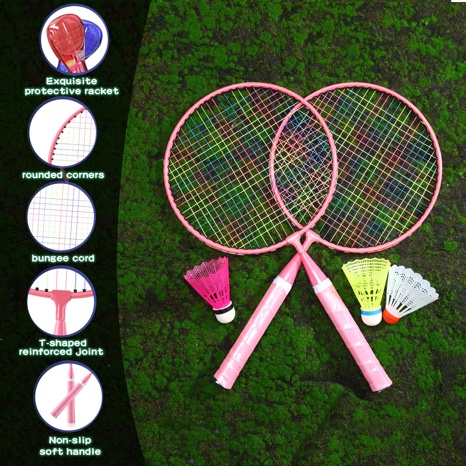 2 Pairs Badminton Rackets Set for Children Kid Shuttlecocks Sports Nylon Alloy Badminton Racquet Set with 8 LED Badminton Birdies, 6 Non Luminous Badminton Birdies and 2 Carrying Bags,Night Pink Blue