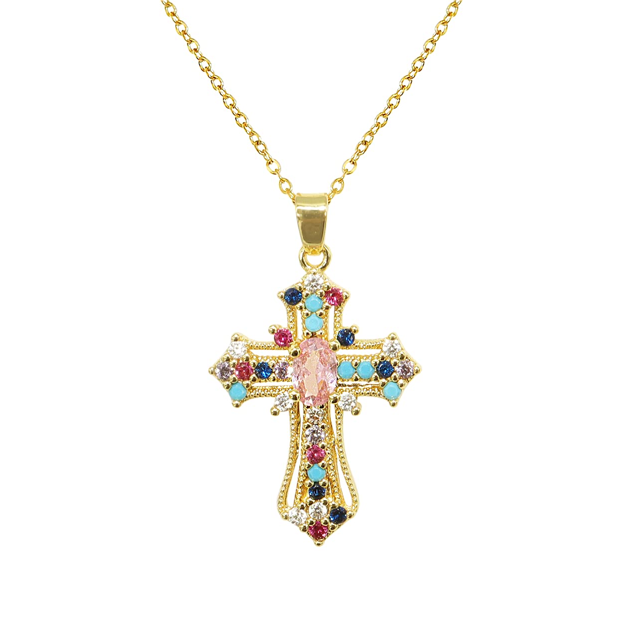 Agriajun Colorful Gold Cross Pendant Y2k Necklace for Women - Cute Multicolor Pink Crystal Cubic Zirconia Turquoise Stone Gothic Cross Necklaces Costume Christmas Goth Chain Prom Jewelry Gift