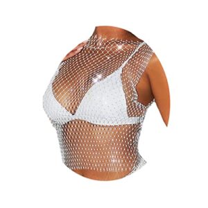 Fstrend Mesh Crystal Body Chain Sparkly Rhinestone Fishnet Crop Top See Through Tank Tops Bikini Rave Festival Accessories for Women