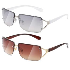 MASDUN Stylish Rimless Frameless Rectangle Sunglasses for Womens Surrounded designer trendy men (White Frame White Silver Lens/Brown Frame Brown Lens)