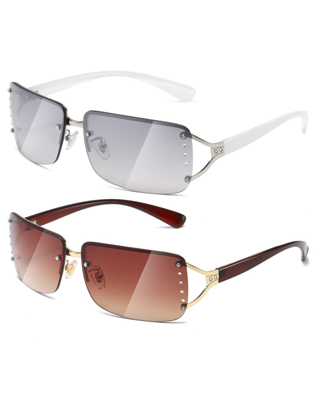 MASDUN Stylish Rimless Frameless Rectangle Sunglasses for Womens Surrounded designer trendy men (White Frame White Silver Lens/Brown Frame Brown Lens)