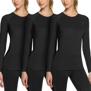 TSLA Women's Sports Compression Shirt, Cool Dry Fit Long Sleeve Workout Tops, Athletic Exercise Gym Yoga Shirts, 3pack Black/Black/Black, Small