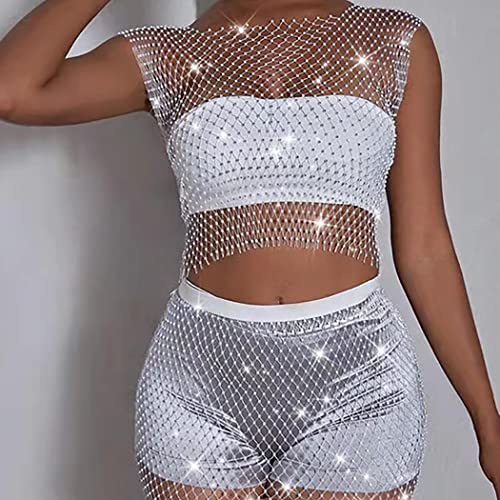 Fstrend Mesh Crystal Body Chain Sparkly Rhinestone Fishnet Crop Top See Through Tank Tops Bikini Rave Festival Accessories for Women