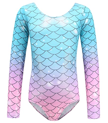 SEAUR Kids Leotard Gymnastics Dance Leotards for Girls Gymnastics Bodysuit Long Sleeve One-Piece Sparkle Mermaid Dance Outfit Athletic Dancewear 13-14