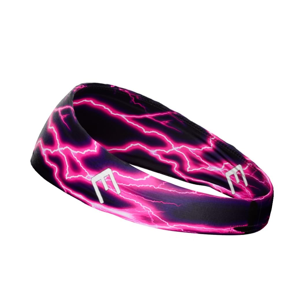 Unisex Headband/Sweatband. Best for Sports, Fitness, Working Out, Yoga. Tapered Design. Reversible. (Pink Lightning)