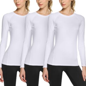 TSLA Women's Sports Compression Shirt, Cool Dry Fit Long Sleeve Workout Tops, Athletic Exercise Gym Yoga Shirts, 3pack White/White/White, Medium