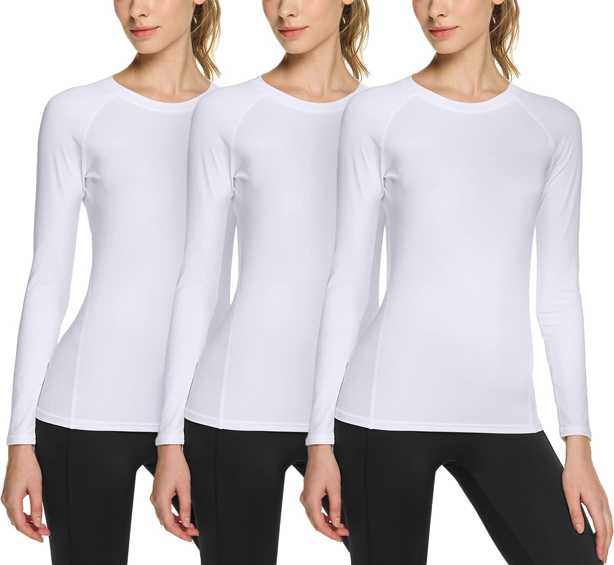 TSLA Women's Sports Compression Shirt, Cool Dry Fit Long Sleeve Workout Tops, Athletic Exercise Gym Yoga Shirts, 3pack White/White/White, Medium