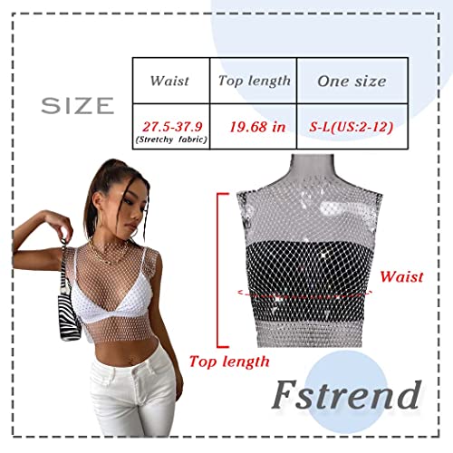 Fstrend Mesh Crystal Body Chain Sparkly Rhinestone Fishnet Crop Top See Through Tank Tops Bikini Rave Festival Accessories for Women