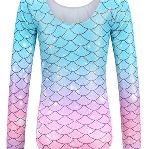 SEAUR Kids Leotard Gymnastics Dance Leotards for Girls Gymnastics Bodysuit Long Sleeve One-Piece Sparkle Mermaid Dance Outfit Athletic Dancewear 13-14