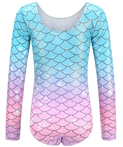 SEAUR Kids Leotard Gymnastics Dance Leotards for Girls Gymnastics Bodysuit Long Sleeve One-Piece Sparkle Mermaid Dance Outfit Athletic Dancewear 13-14