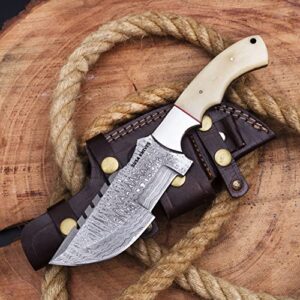 SUSA KNIVES Handmade Damascus Tracker Knife with Bone Handle - Survival Knife - Camping Knife - Damascus Steel Knife - Damascus Hunting Knife with Sheath Horizontal Carry Fixed Blade Knife (WHITE)