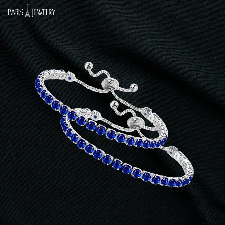 Paris Jewelry 18k White Gold 6 Cttw Created Blue Sapphire Round Adjustable Tennis Plated Bracelet