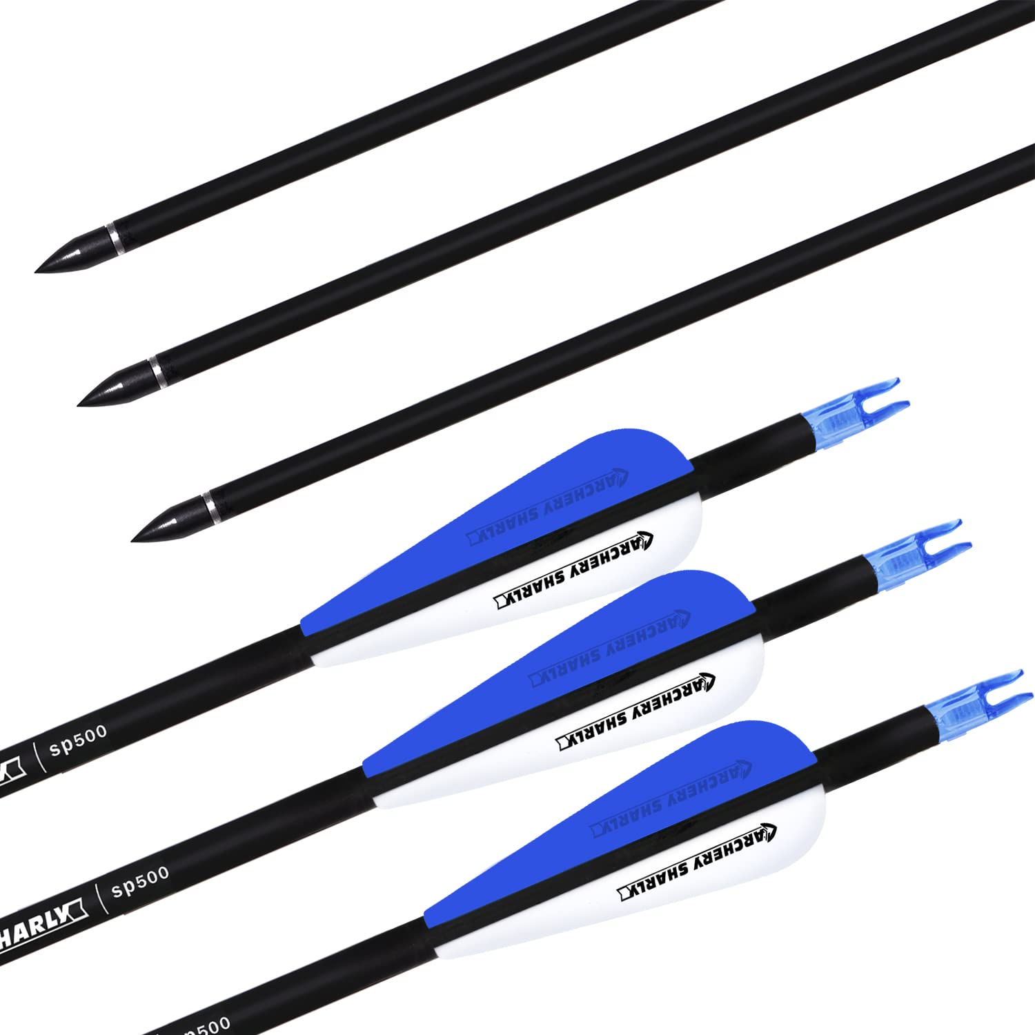 ARCHERY SHARLY 30Inch Carbon Hunting Arrow, Targeting Practice Arrows for Compound & Recurve Bow, Blue White Arrows with Removable Tips & Replaceable Nocks (12 Pack)