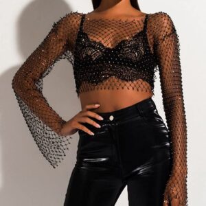 YQC Women's Sleevess Rhinestone Mesh Top -Glitter Crystal Sexy Fishnet Tops V-neck Tank -See Through Vest Rhinestone Top (Style 1)