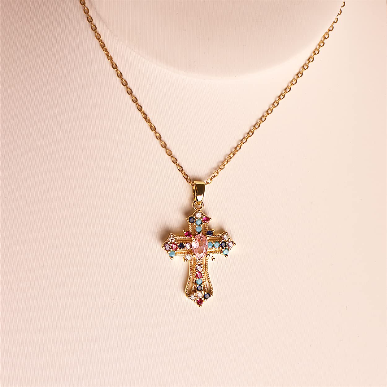 Agriajun Colorful Gold Cross Pendant Y2k Necklace for Women - Cute Multicolor Pink Crystal Cubic Zirconia Turquoise Stone Gothic Cross Necklaces Costume Christmas Goth Chain Prom Jewelry Gift