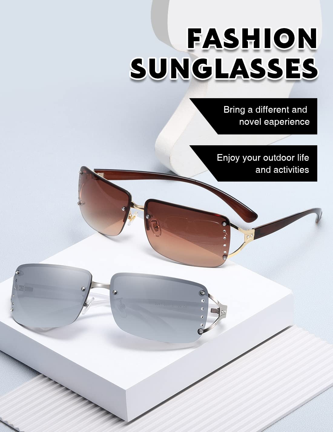 MASDUN Stylish Rimless Frameless Rectangle Sunglasses for Womens Surrounded designer trendy men (White Frame White Silver Lens/Brown Frame Brown Lens)