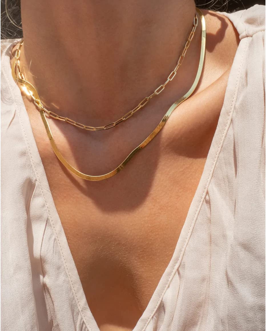 Gold Necklace for Women Layered Choker Necklace 14K Gold Jewelry for Women Dainty Layering Paperclip Snake Chain Necklace Gifts for Women Teens