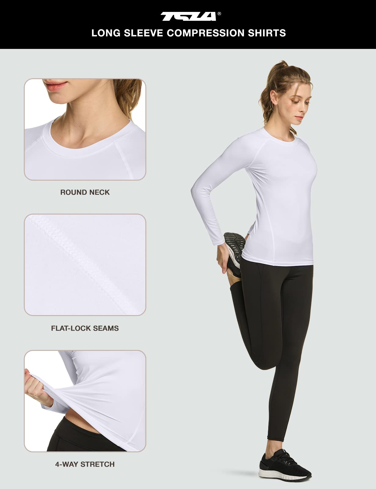 TSLA Women's Sports Compression Shirt, Cool Dry Fit Long Sleeve Workout Tops, Athletic Exercise Gym Yoga Shirts, 3pack White/White/White, Medium